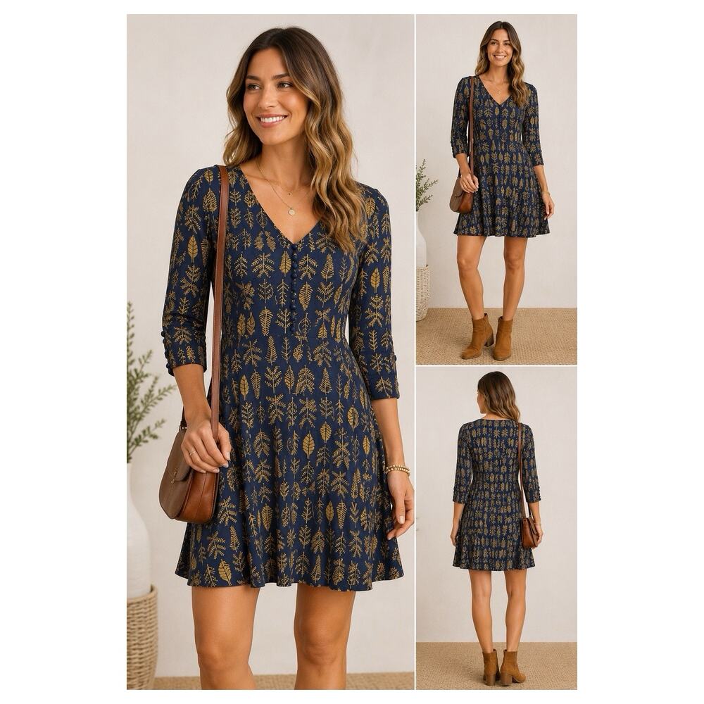 Effie's Heart Sailboat Dress Buttons Navy Mustard Foliage Print Fit Flare Size M